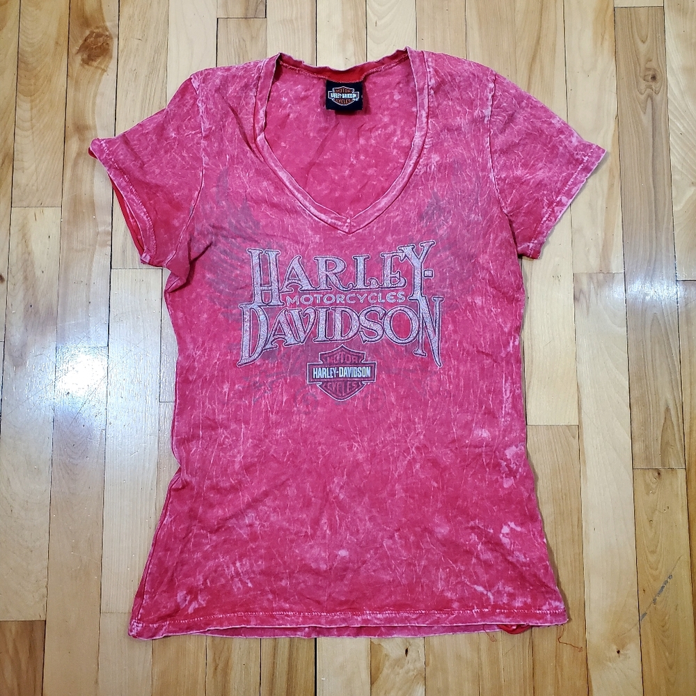 Harley-Davidson Women's Printed HDMC Short Sleeve V-Neck Tee - pink S